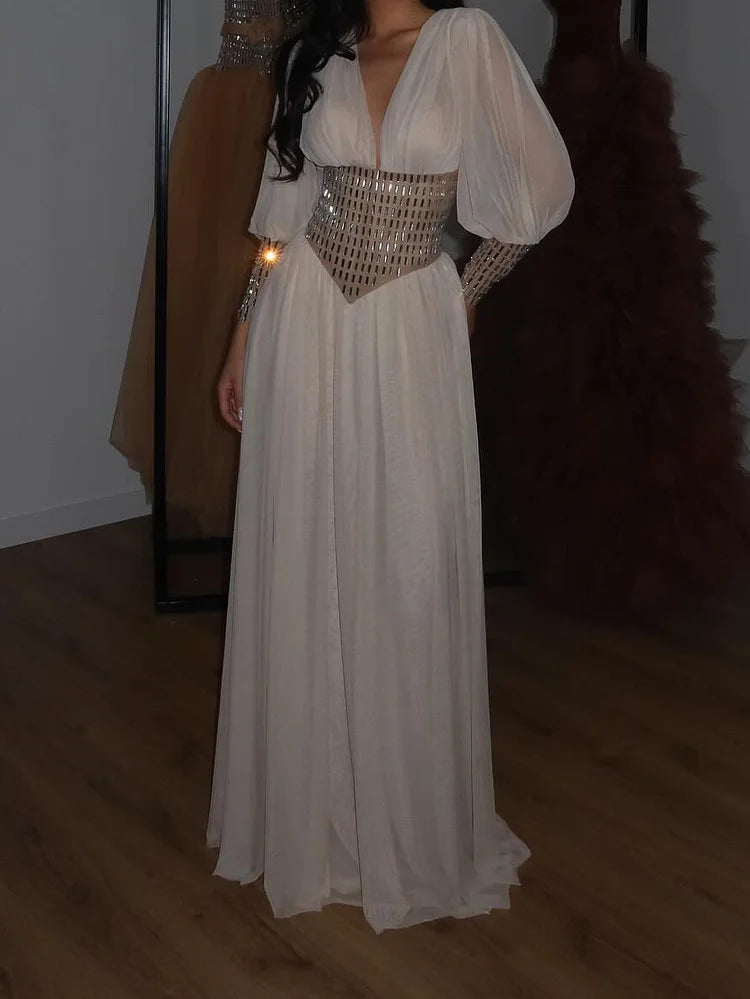 Maxikleid mit tiefem V-Ausschnitt & funkelnder Taillenverzierung