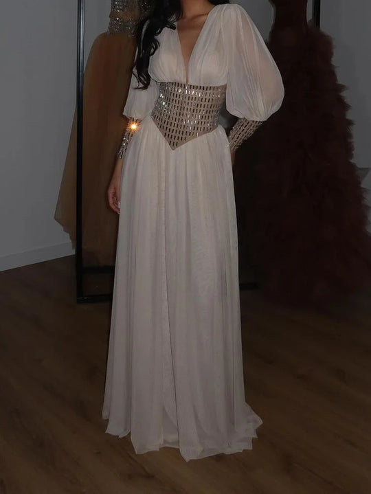 Maxikleid mit tiefem V-Ausschnitt & funkelnder Taillenverzierung
