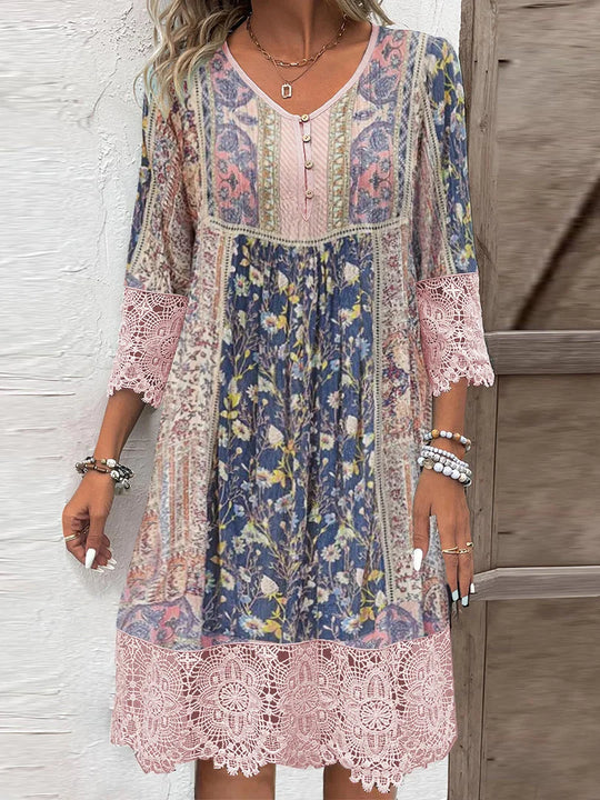 Juliana - Kleid mit Vintage-Druck und Spitze