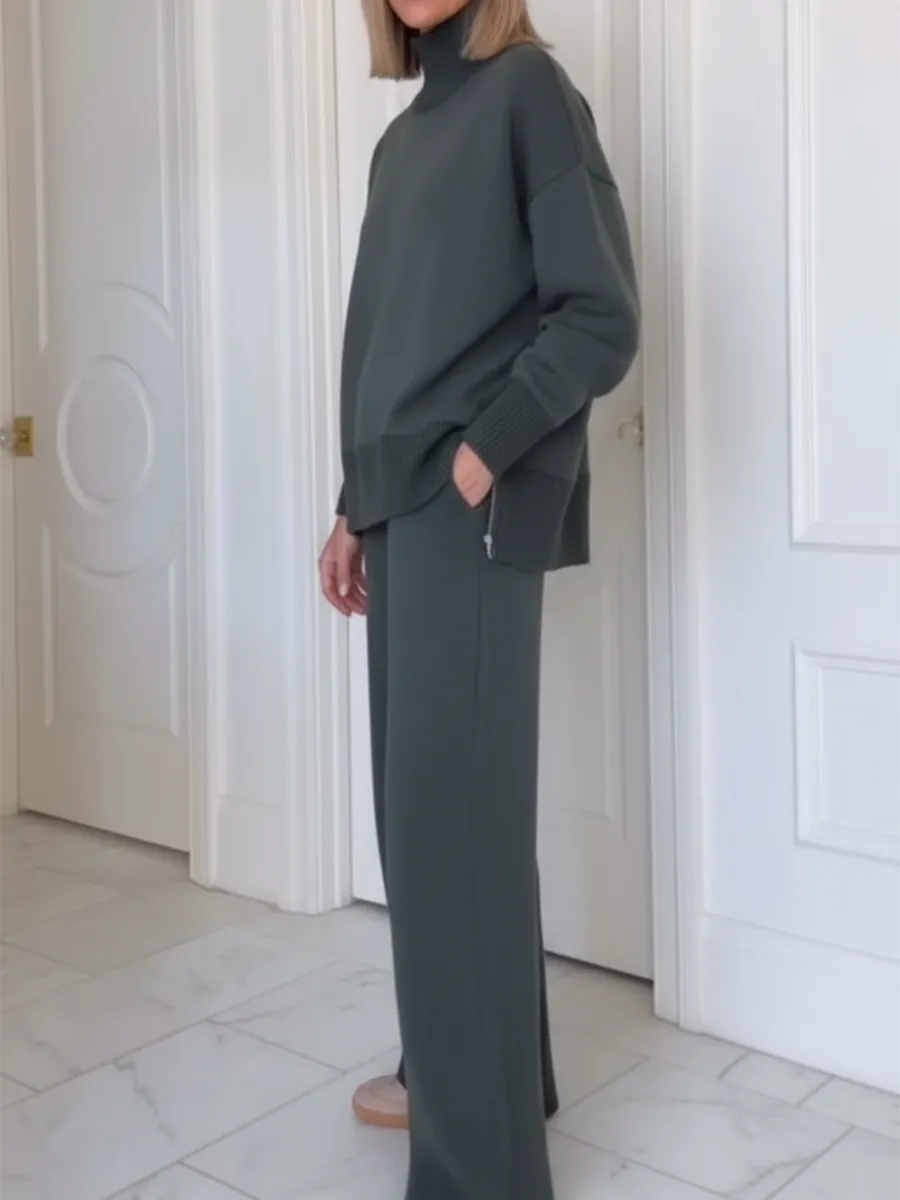 Casual Damen-Zweiteiler-Set mit Stehkragen und Straight-Leg-Hose